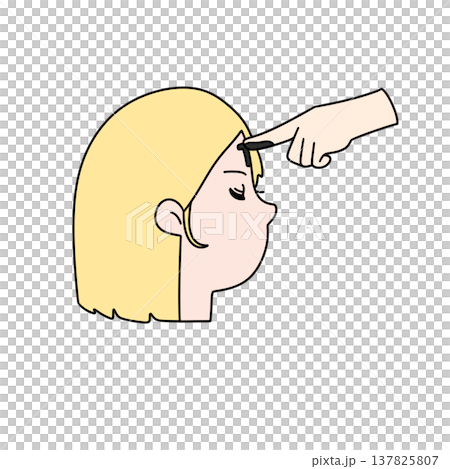 Cartoon hand points at a girl's forehead 137825807