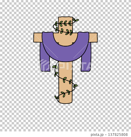 Simple wooden cross with purple draped fabric 137825808