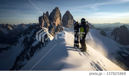 Snowboarder standing on a mountain peak at sunset with a vast snowy landscape 137825869