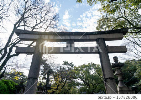 Low angle view of a traditional stone torii gate at a Shinto shrine in Japan. The sun shines through lush green trees under a bright blue sky with clouds. Sacred oriental landmark and architecture. Low angle view of a traditional stone torii gate at a Shinto shrine in Japan. The sun shines through lush green trees under a bright blue sky with clouds. Sacred oriental landmark and architecture. 137826086