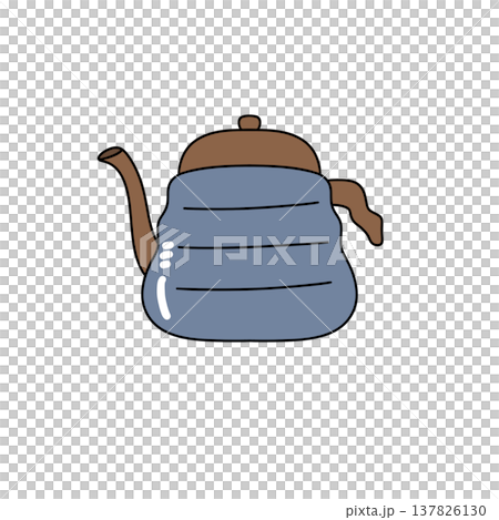 Blue kettle with brown handle and spout 137826130