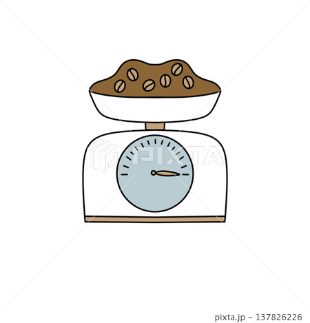 Coffee beans rest atop a simple digital scale 137826226