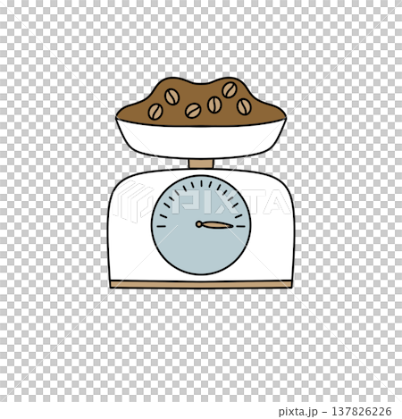 Coffee beans rest atop a simple digital scale 137826226