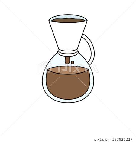 Coffee drips slowly from a funnel into a glass carafe Coffee drips slowly from a funnel into a glass carafe 137826227