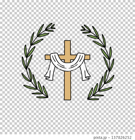 Simple cross wrapped in white cloth, flanked by green laurel branches Simple cross wrapped in white cloth, flanked by green laurel branches 137826252