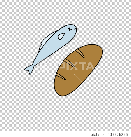 Simple cartoon fish swims beside loaf of bread Simple cartoon fish swims beside loaf of bread 137826256