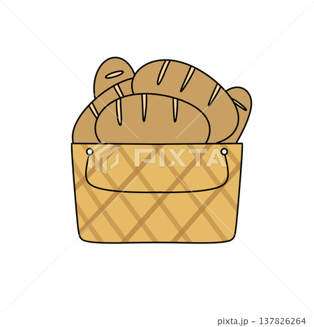 Golden loaves sit nestled in a woven basket 137826264