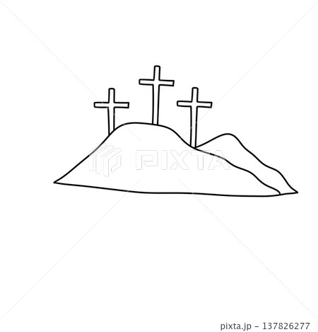 Simple line drawing of three crosses atop a hill 137826277