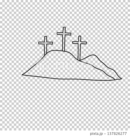 Simple line drawing of three crosses atop a hill Simple line drawing of three crosses atop a hill 137826277