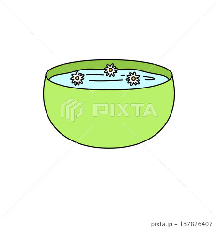 Green bowl holds calm water with floating daisies Green bowl holds calm water with floating daisies 137826407