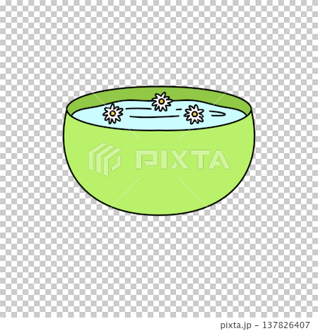 Green bowl holds calm water with floating daisies Green bowl holds calm water with floating daisies 137826407