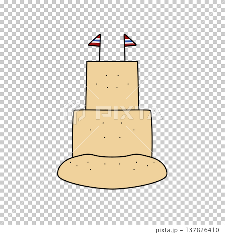 Sandcastle stands tall with two flags atop 137826410
