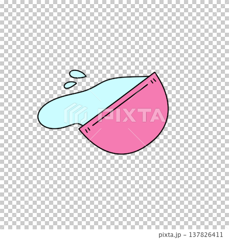 Pink cup tilted, spilling cool blue liquid Pink cup tilted, spilling cool blue liquid 137826411