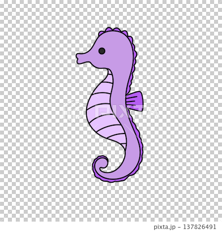 Cute purple seahorse with striped body and curled tail 137826491
