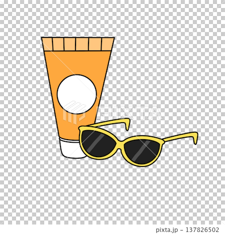 Bright orange sunscreen tube beside yellow sunglasses Bright orange sunscreen tube beside yellow sunglasses 137826502