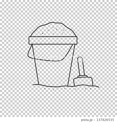 Simple line drawing of a sand bucket and shovel 137826535