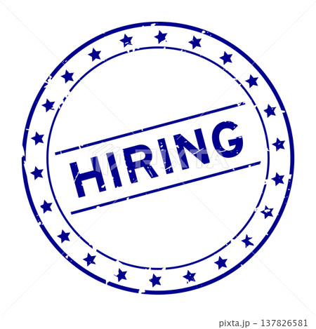 Grunge blue hiring word round rubber seal stamp on white background 137826581