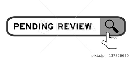 Search banner in word pending review with hand over magnifier icon on white background Search banner in word pending review with hand over magnifier icon on white background 137826650