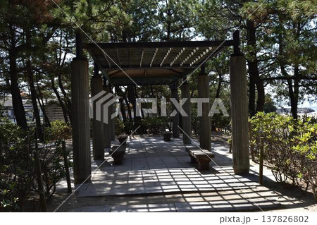 格子状の影が落ちる海岸公園パーゴラ 137826802