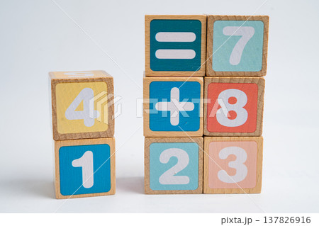 Number wood block cubes for learning Mathematic, education math. Number wood block cubes for learning Mathematic, education math. 137826916