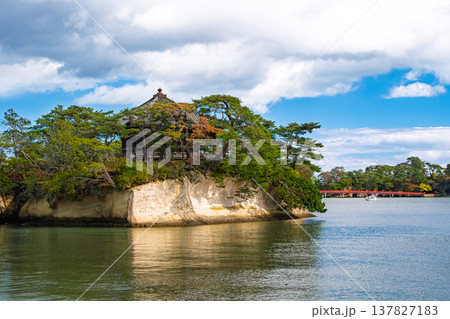 宮城県松島町 秋晴れの松島湾に浮かぶ五大堂と朱色の福浦橋 137827183