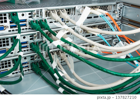 Fiber Optic cables connected to optic ports, network cables conn 137827210