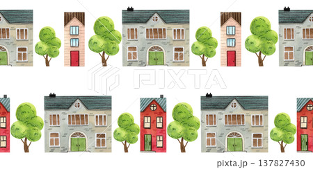 Set of seamless borders featuring cozy watercolor houses and trees. Hand drawn drawing of a building. Set of seamless borders featuring cozy watercolor houses and trees. Hand drawn drawing of a building. 137827430