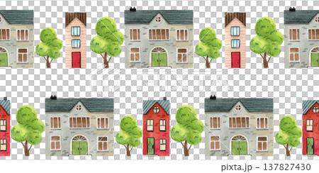 Set of seamless borders featuring cozy watercolor houses and trees. Hand drawn drawing of a building. Set of seamless borders featuring cozy watercolor houses and trees. Hand drawn drawing of a building. 137827430