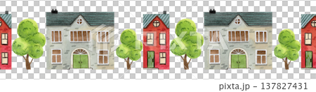 Seamless border with cozy watercolor houses and trees. Hand drawn drawing of the building. Seamless border with cozy watercolor houses and trees. Hand drawn drawing of the building. 137827431
