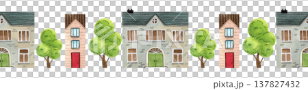 Seamless border with cozy watercolor houses and trees. Hand drawn illustration of light-colored buildings. 137827432