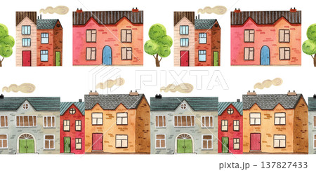 Set of seamless borders featuring cozy, colorful watercolor houses and trees. Hand drawn illustrations of buildings. 137827433