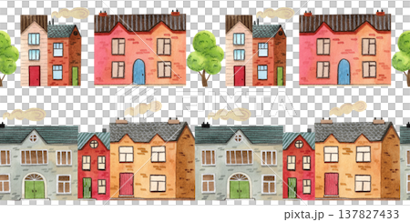Set of seamless borders featuring cozy, colorful watercolor houses and trees. Hand drawn illustrations of buildings. 137827433