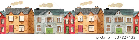 Seamless border with cozy, colorful watercolor houses and trees. Hand drawn buildings. Illustration of urban structures. 137827435