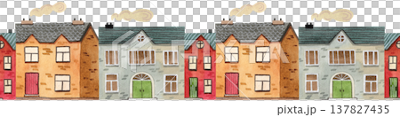 Seamless border with cozy, colorful watercolor houses and trees. Hand drawn buildings. Illustration of urban structures. 137827435
