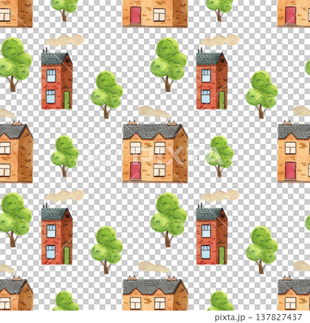 Seamless pattern with cozy, colorful watercolor houses and trees. The buildings are hand drawn. 137827437