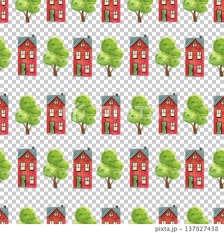 Seamless pattern with cozy watercolor houses and trees. Hand drawn drawing of the building. 137827438