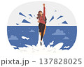 Ambitious woman with leadership potential flies up through night sky, using jetpack 137828025