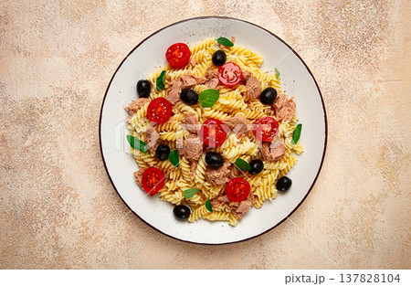 Tuna salad, fusilli pasta, olives and cherry, olive oil, homemade, Tuna salad, fusilli pasta, olives and cherry, olive oil, homemade, 137828104