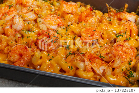 pasta with shrimp and cheese, with a golden crust, cooked in a baking dish, homemade, no people, pasta with shrimp and cheese, with a golden crust, cooked in a baking dish, homemade, no people, 137828107