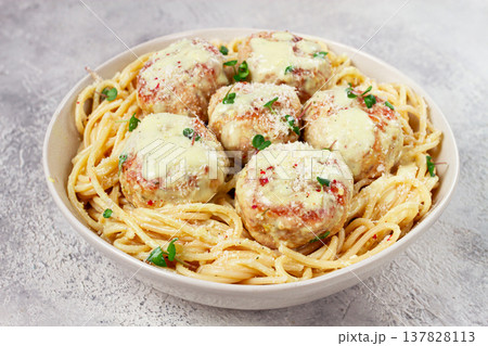 spaghetti with chicken meatballs, with cream sauce, and parmesan cheese, and decorated with microgreens, homemade, no people, 137828113