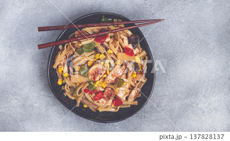 fried noodles with chicken meat and vegetables, Bami Goreng, Indonesian dish, no people, 137828137