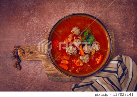 Romanian soup with meatballs, vegetable soup with meatballs, homemade, no people, 137828141