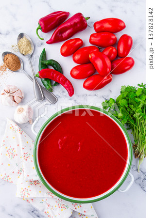 Georgian Satsebeli sauce, made from tomatoes and sweet peppers, with spices, homemade, no people, 137828142