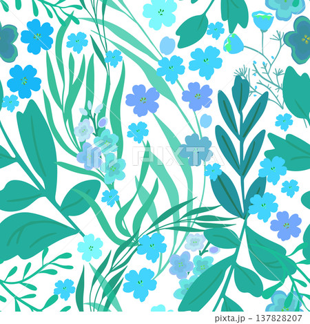 Seamless floral background with blue flowers . Hand drawn. Not AI, vector illustration Seamless floral background with blue flowers . Hand drawn. Not AI, vector illustration 137828207