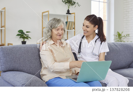 Senior woman in nursing home sitting with laptop, close-up 137828208