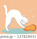 Adorable white cat sharpening claws on a home scratching post. PNG 137828431
