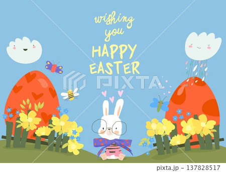 Cute Little Rabbit With Easter Eggs 137828517