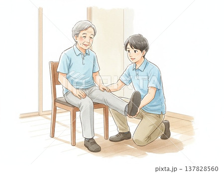 椅子に座って足の運動をする高齢者と理学療法士の指導 水彩画風イラスト 137828560