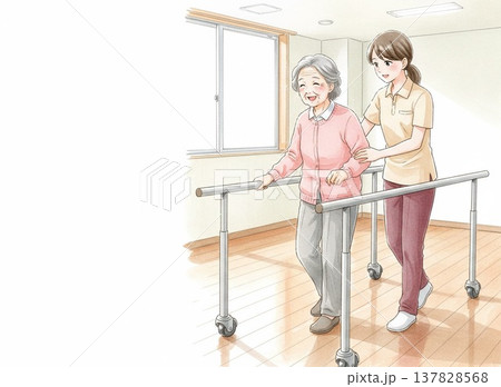 高齢者が女性理学療法士と一緒に平行棒で歩行練習をするシーン 137828568