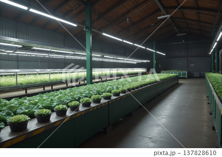LED照明を用いた屋内植物工場のレタス栽培（スマート農業・食料問題・テクノロジー） 137828610